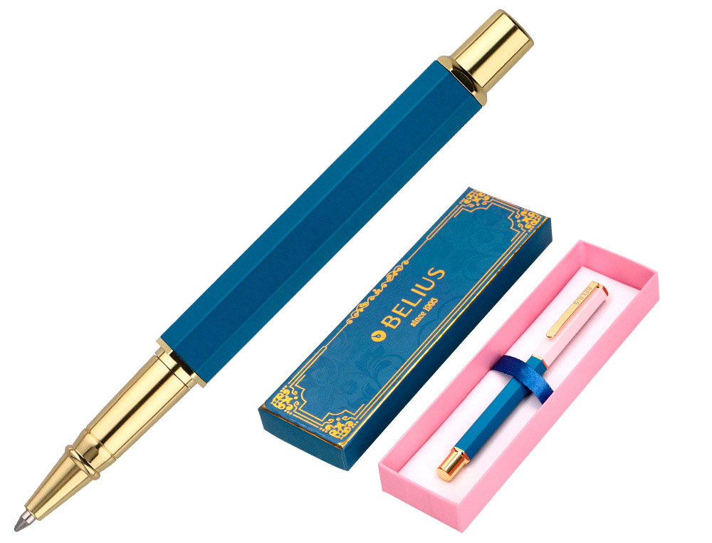 STYLO-BILLE BELIUS MACARON BLISS HEXAGONAL ALUMINIUM DETAILS ET ATTRIBUTS OR ENCRE BLEUE COL. BLEU/ROSE COFFRET CADEAU