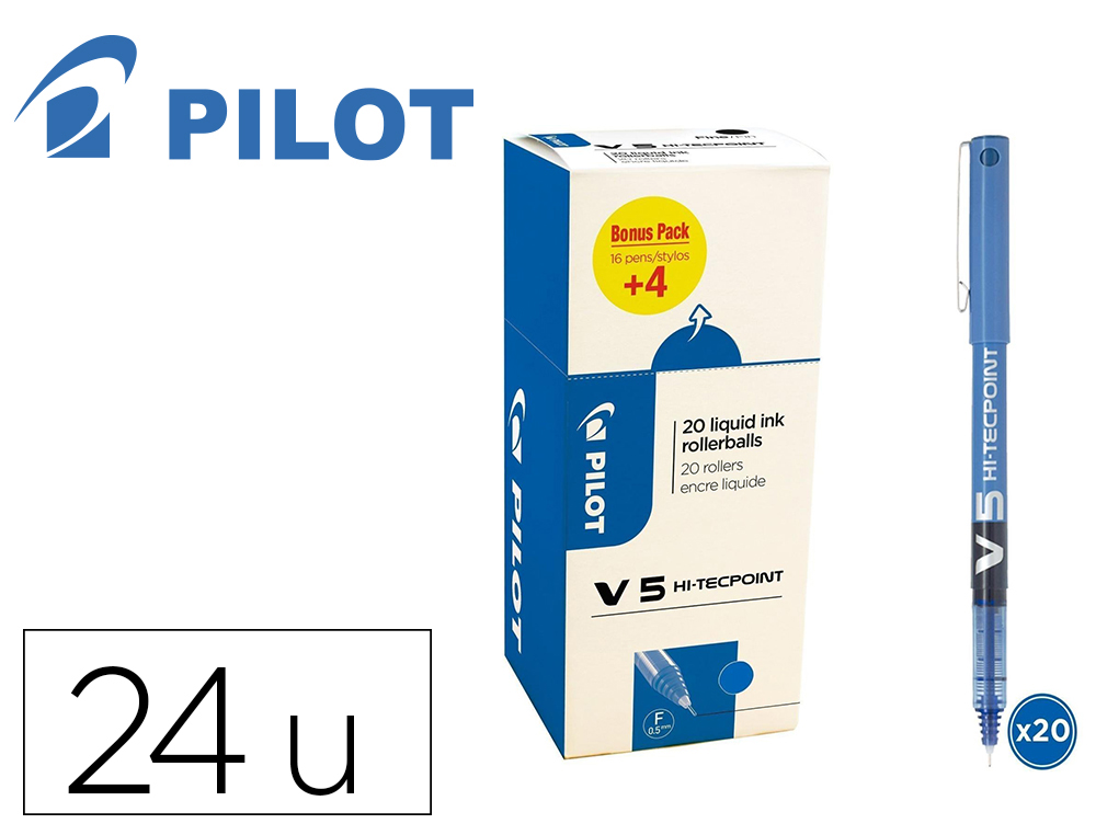 PACK ROLLER PILOT V5 POINTE AIGUILLE 0.5 MM AVEC          REGULATEUR D ENCRE 16 + 4     OFFERTS COLORIS BLEU