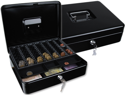 CAISSE MONNAIE Q-CONNECT STRUCTURE ACIER 0.8MM PAISSEUR PLATEAU AMOVIBLE ESPACE BILLETS 300X240X90MM COLORIS NOIR