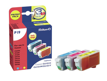 CARTOUCHE PELIKAN JET D'ENCRE COMPATIBLE IMPRIMANTES CANON CLI521 ENCRE 3 COULEURS CYAN MAGENTA JAUNE