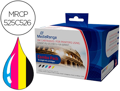 CARTOUCHE MEDIARANGE JET D'ENCRE COMPATIBLE CANON PGI-525/CLI-526 NOIR X2/JAUNE/CYAN/MAGENTA MULTIPACK 5 UNITS