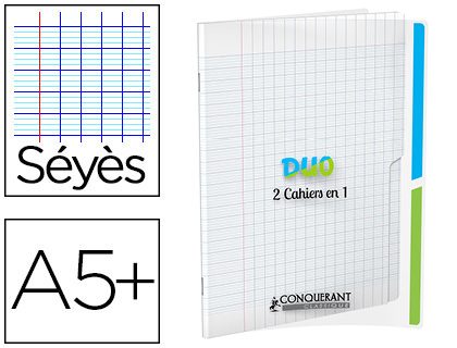 CAHIER AGRAF CONQURANT DUO 2EN1 POLYPROPYLNE A5+ 17X22CM 96 PAGES SYS 90G
