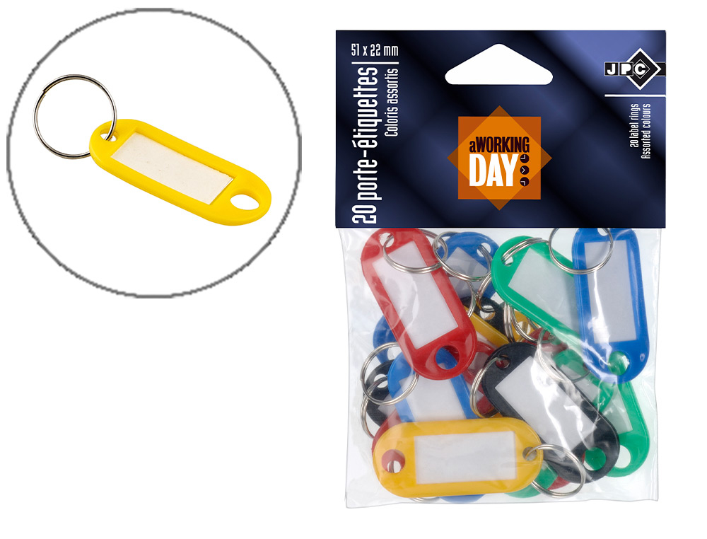 PORTE-CLS JPC PLASTIQUE AVEC TIQUETTES BLANCHES 51X22MM COLORIS ASSORTIS PAQUET 20 UNITS