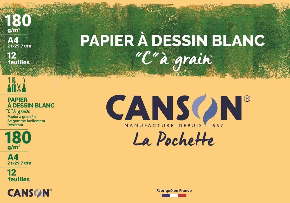 PAPIER DESSIN CANSON C  GRAIN CRAYON ENCRE GOUACHE FEUTRE 180G A4 POCHETTE 12F