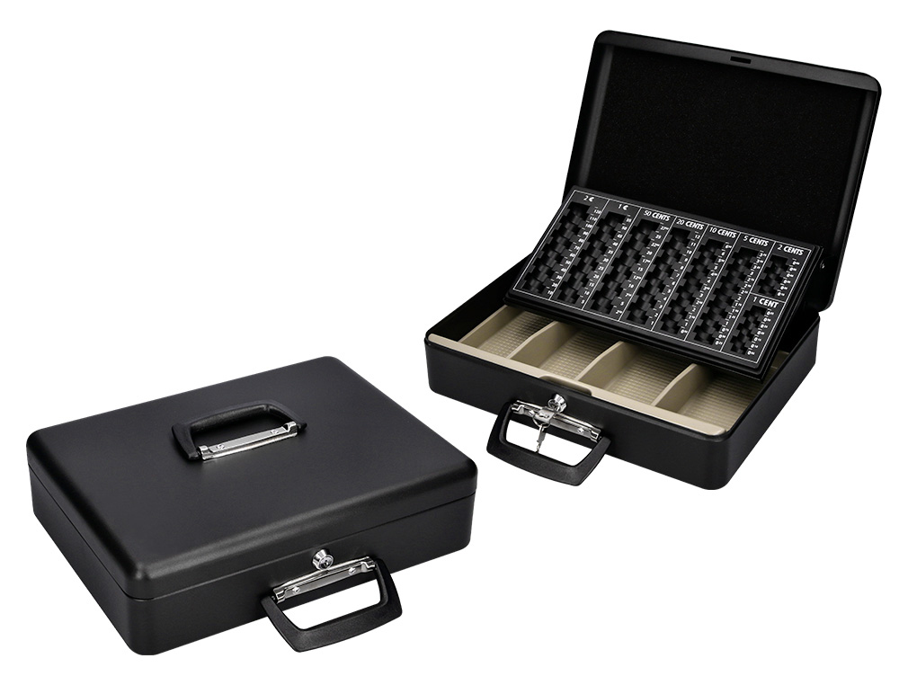 CAISSE MONNAIE Q-CONNECT STRUCTURE ACIER 0.8MM PAISSEUR PLATEAU AMOVIBLE ESPACE BILLETS 370X110X290MM COLORIS NOIR
